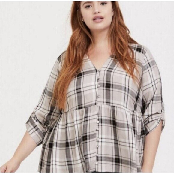 Torrid Lexie Plaid Babydoll Tunic Dress Size 4x Hi Low Hem Button Front Chiffon - Picture 1 of 10